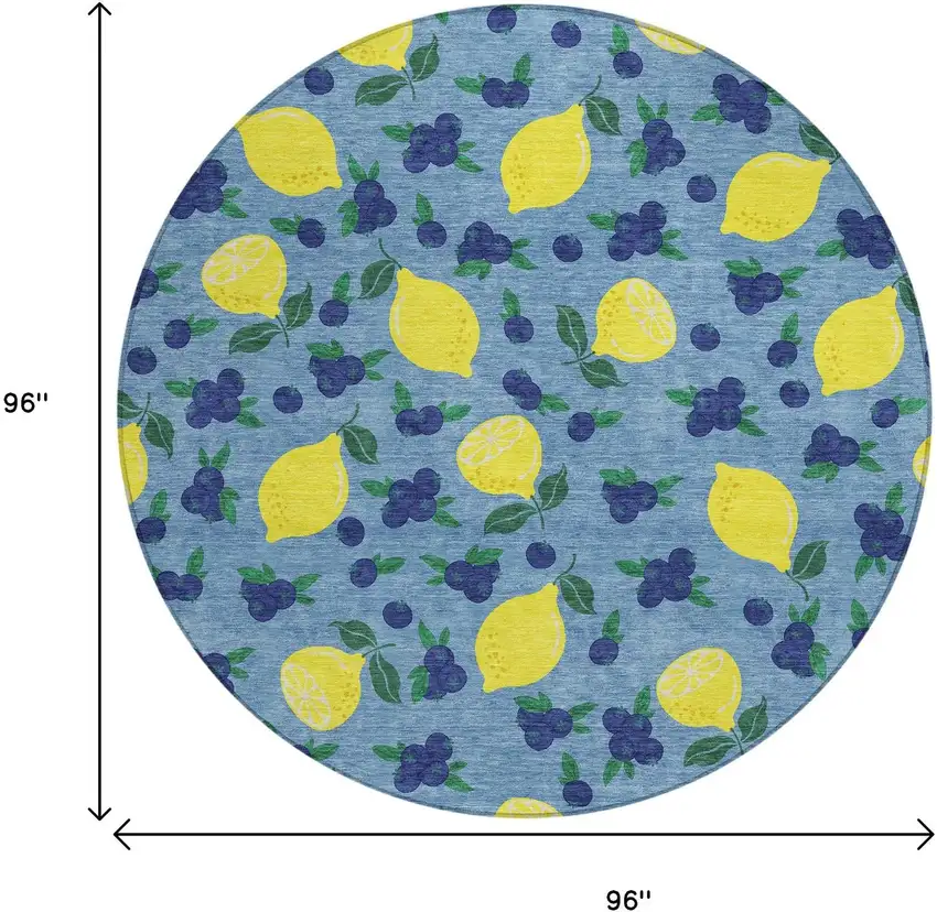 8' Denim Blue Yellow And Green Round Lemons Washable Indoor Outdoor Area Rug Photo 3