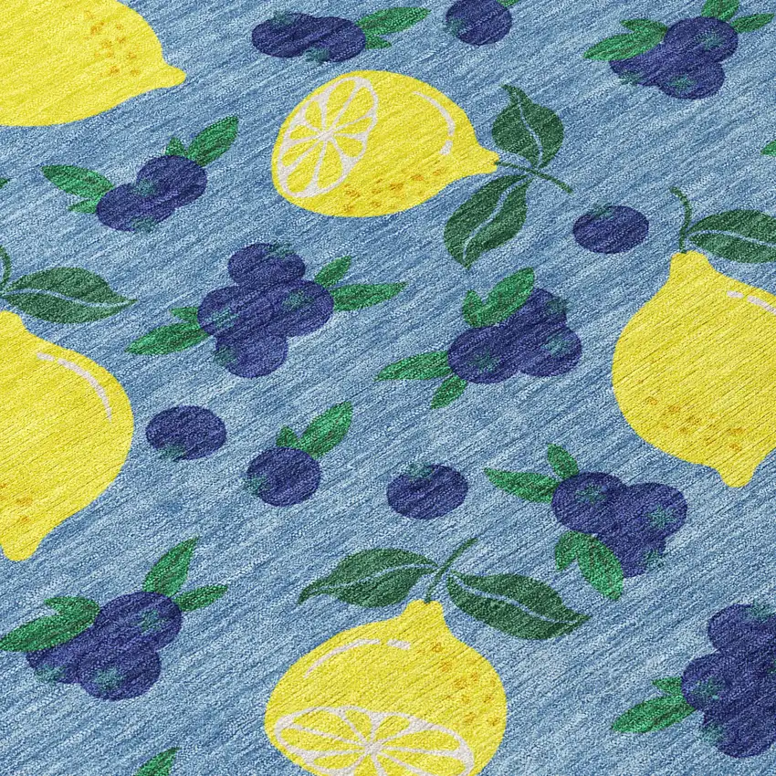 8' Denim Blue Yellow And Green Round Lemons Washable Indoor Outdoor Area Rug Photo 8