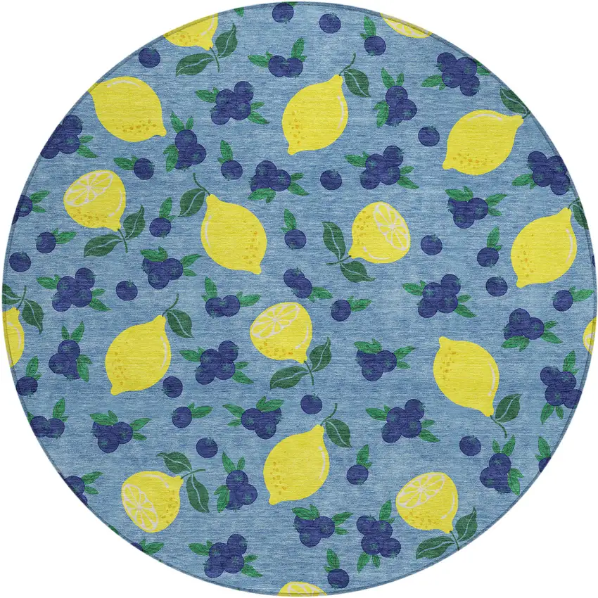 8' Denim Blue Yellow And Green Round Lemons Washable Indoor Outdoor Area Rug Photo 2