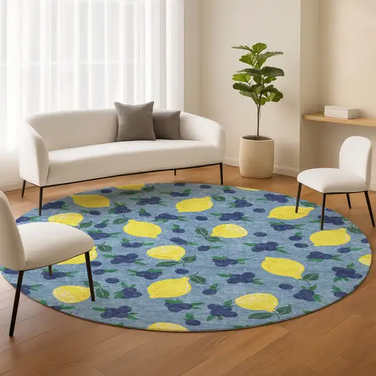 8' Denim Blue Yellow And Green Round Lemons Washable Indoor Outdoor Area Rug Photo 9
