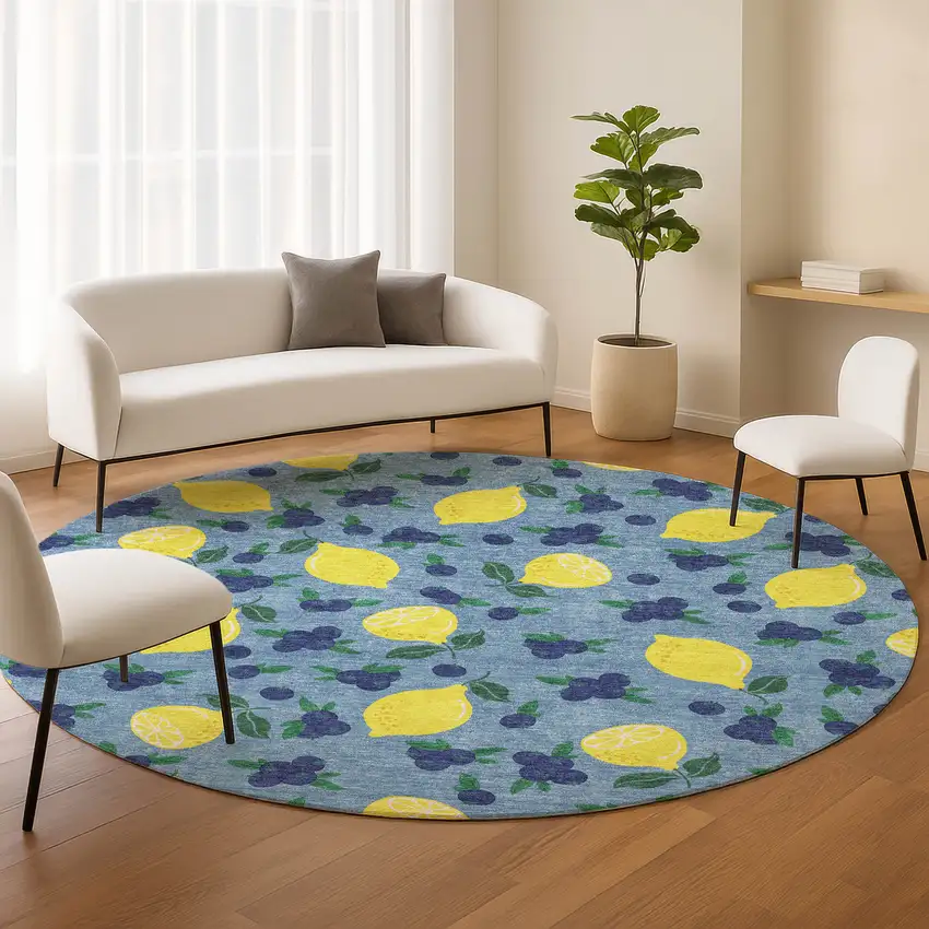 8' Denim Blue Yellow And Green Round Lemons Washable Indoor Outdoor Area Rug Photo 9