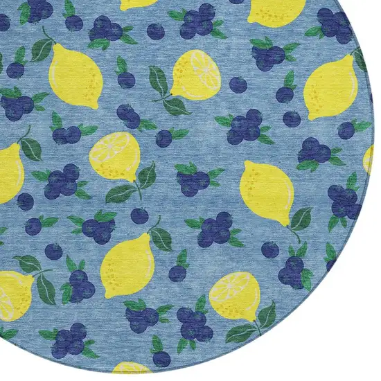8' Denim Blue Yellow And Green Round Lemons Washable Indoor Outdoor Area Rug Photo 7