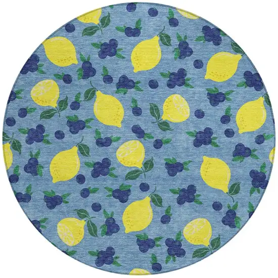 8' Denim Blue Yellow And Green Round Lemons Washable Indoor Outdoor Area Rug Photo 4