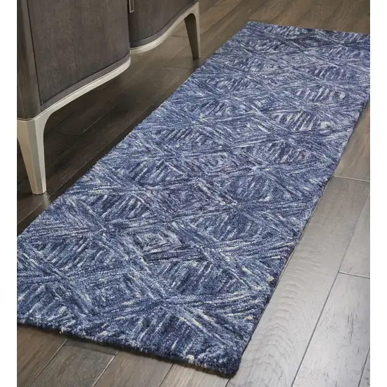 8' Denim Blue and Ivory Wool Geometric Runner Rug Photo 4