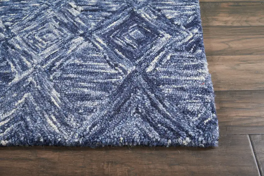 8' Denim Blue and Ivory Wool Geometric Runner Rug Photo 7