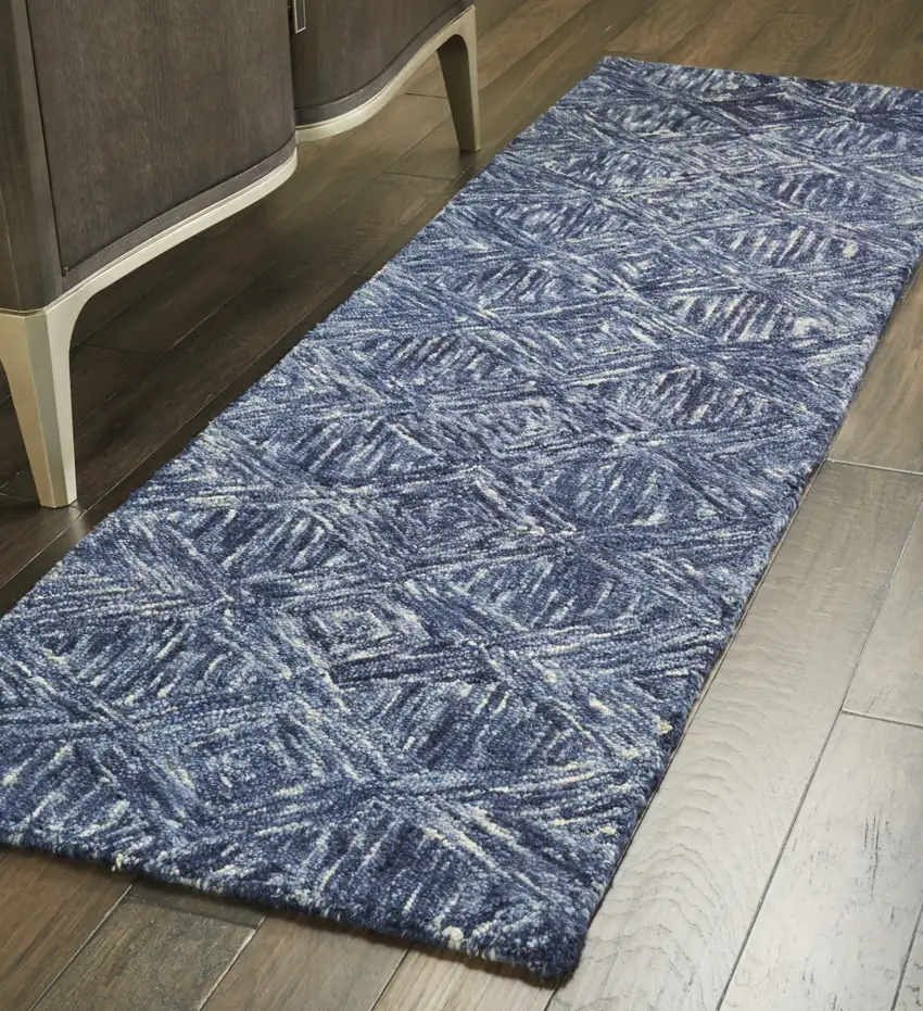 8' Denim Blue and Ivory Wool Geometric Runner Rug Photo 8