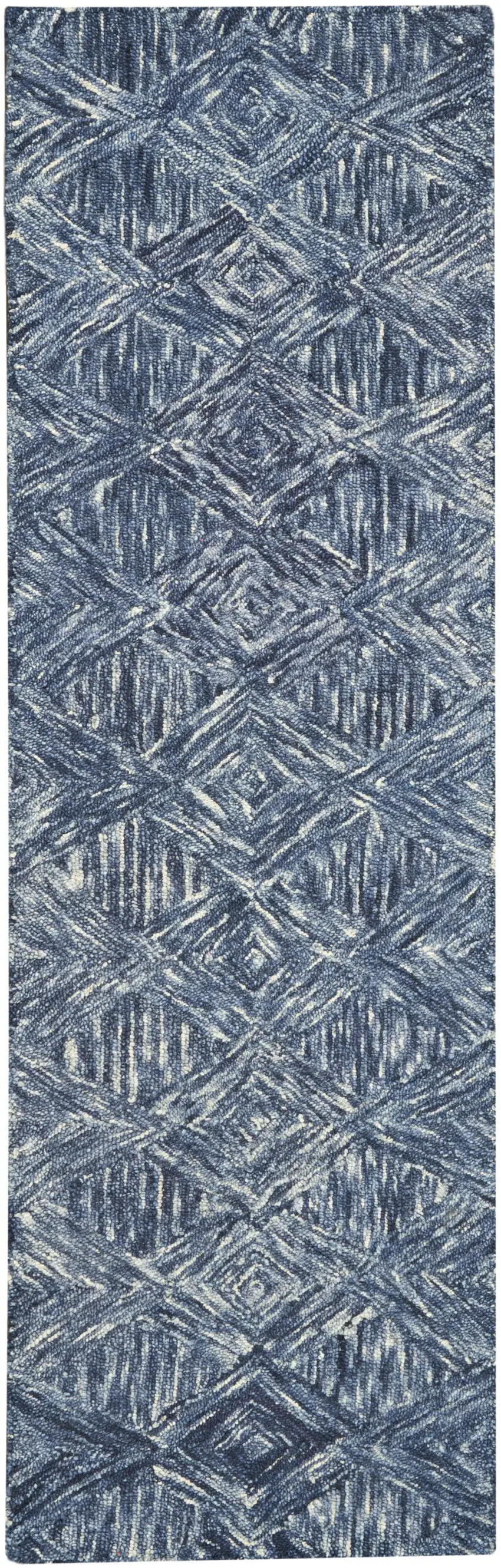 8' Denim Blue and Ivory Wool Geometric Runner Rug Photo 2