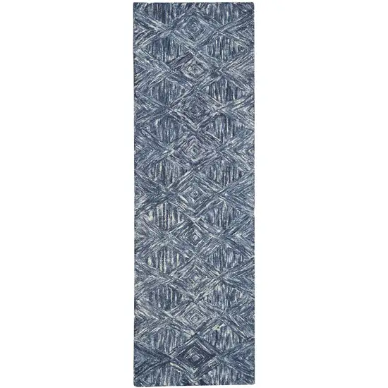 8' Denim Blue and Ivory Wool Geometric Runner Rug Photo 8