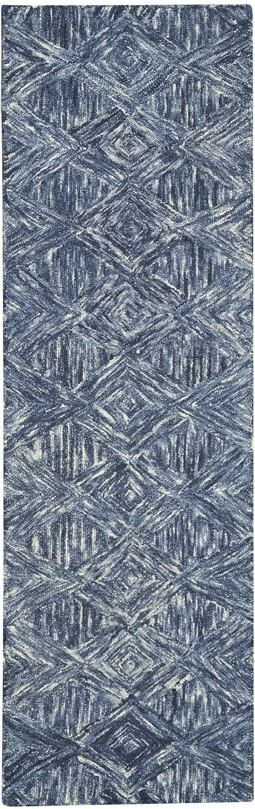 8' Denim Blue and Ivory Wool Geometric Runner Rug Photo 8
