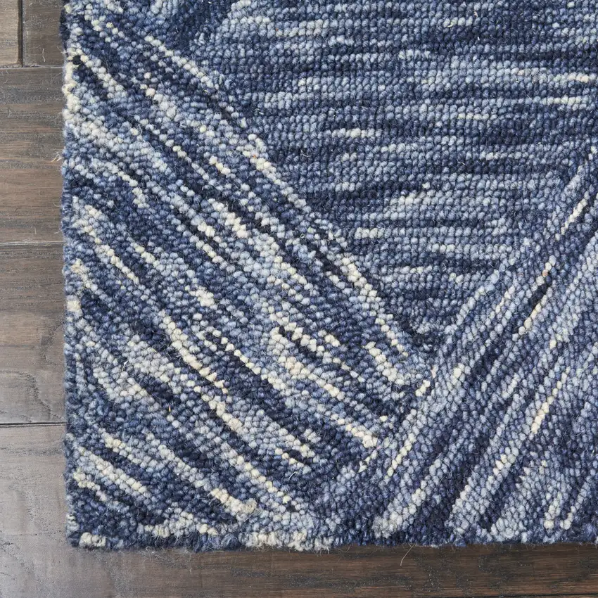 8' Denim Blue and Ivory Wool Geometric Runner Rug Photo 9