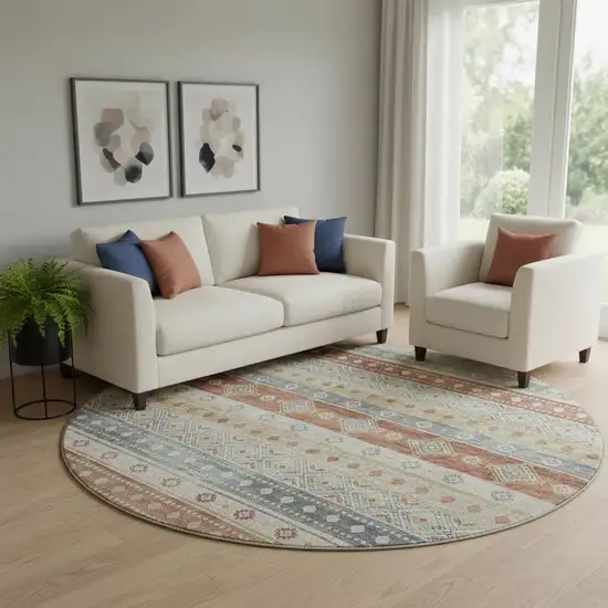 8' Desert Sand Rust And Ivory Tribal Washable Round Rug With UV Protection Photo 1