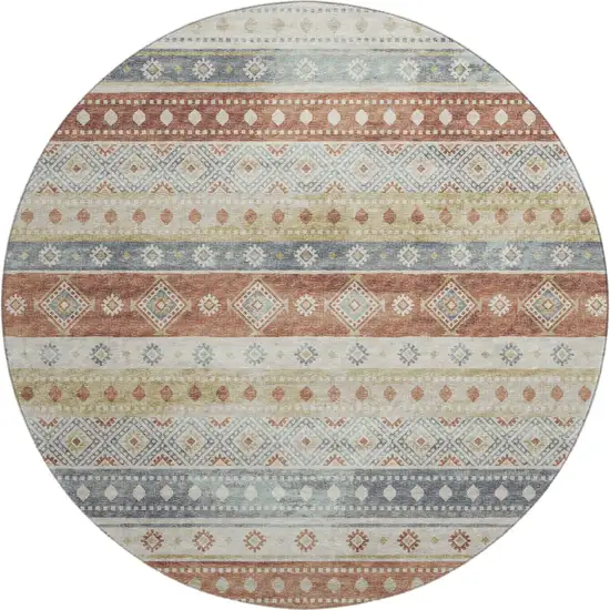 8' Desert Sand Rust And Ivory Tribal Washable Round Rug With UV Protection Photo 2
