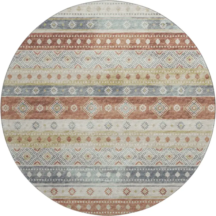 8' Desert Sand Rust And Ivory Tribal Washable Round Rug With UV Protection Photo 2
