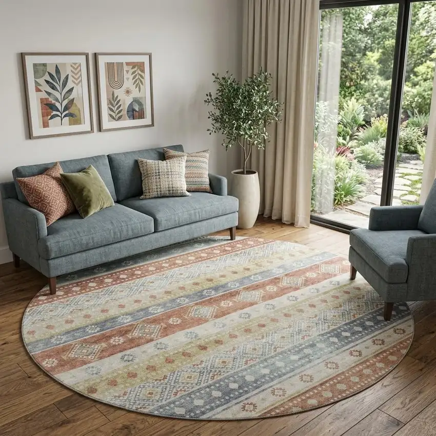 8' Desert Sand Rust And Ivory Tribal Washable Round Rug With UV Protection Photo 1