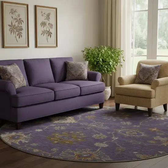 8' Eggplant And Beige Oriental Washable Round Rug With UV Protection Photo 2