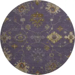 Photo of 8' Eggplant And Beige Oriental Washable Round Rug With UV Protection