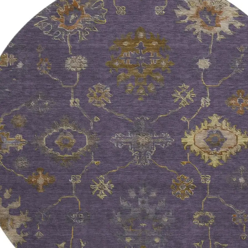 8' Eggplant And Beige Oriental Washable Round Rug With UV Protection Photo 3