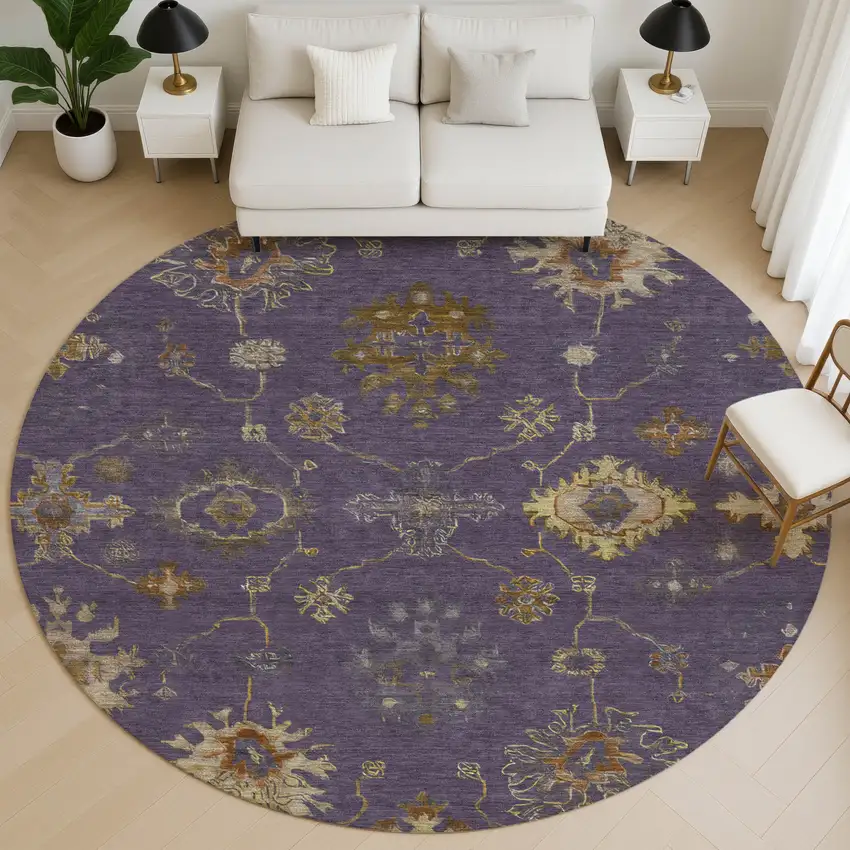 8' Eggplant And Beige Oriental Washable Round Rug With UV Protection Photo 5