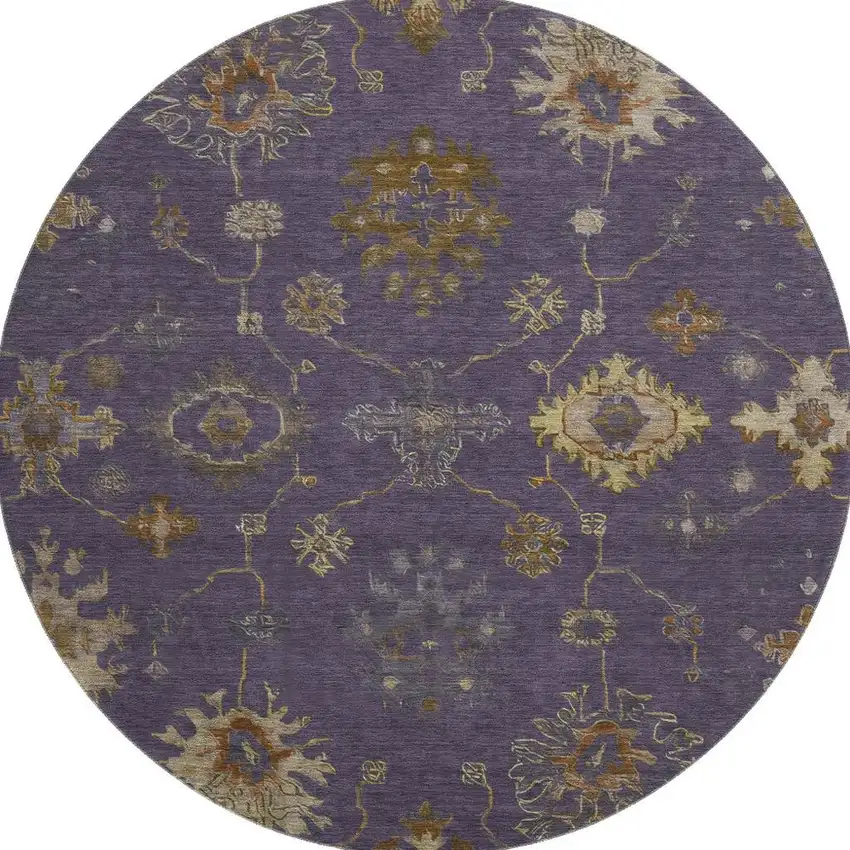 8' Eggplant And Beige Oriental Washable Round Rug With UV Protection Photo 4
