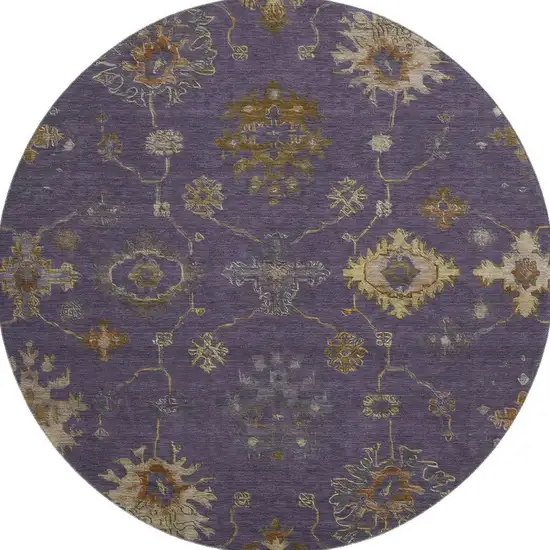 8' Eggplant And Beige Oriental Washable Round Rug With UV Protection Photo 4