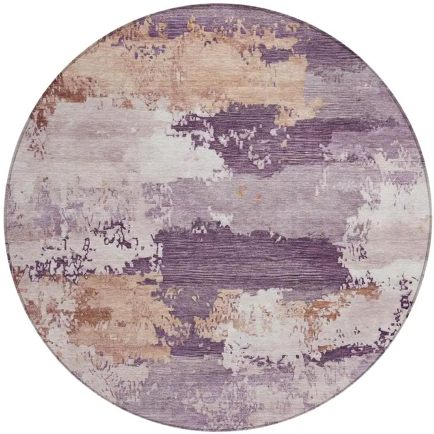 8' Eggplant And Beige Round Abstract Washable Indoor Outdoor Area Rug Photo 3