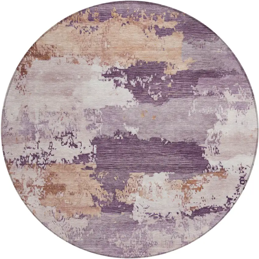 8' Eggplant And Beige Round Abstract Washable Indoor Outdoor Area Rug Photo 1