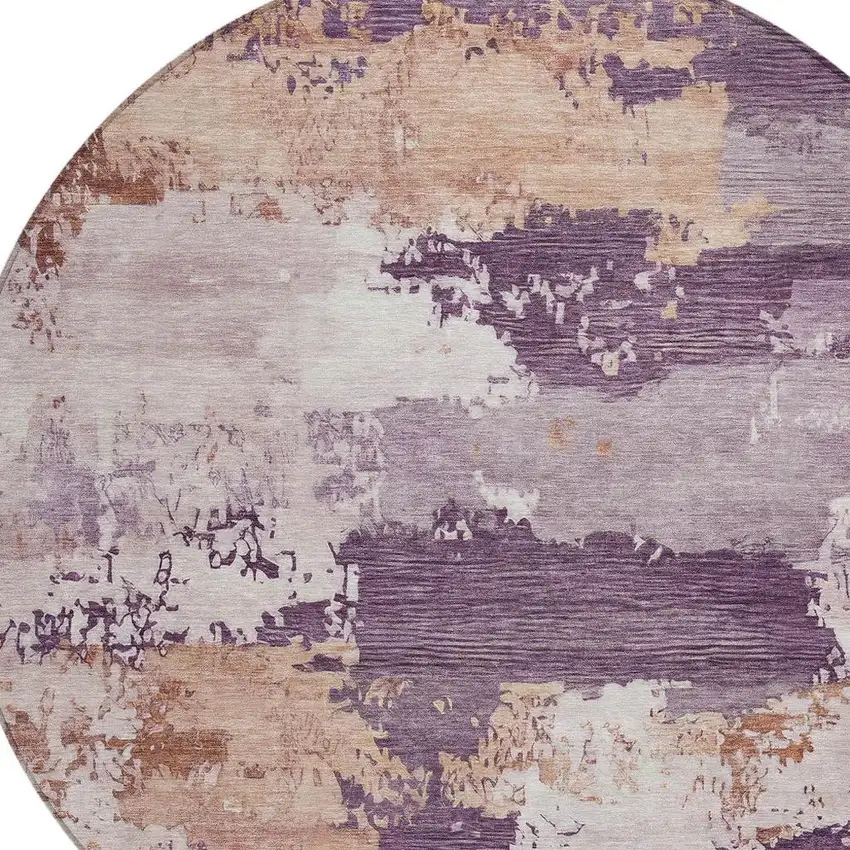 8' Eggplant And Beige Round Abstract Washable Indoor Outdoor Area Rug Photo 2