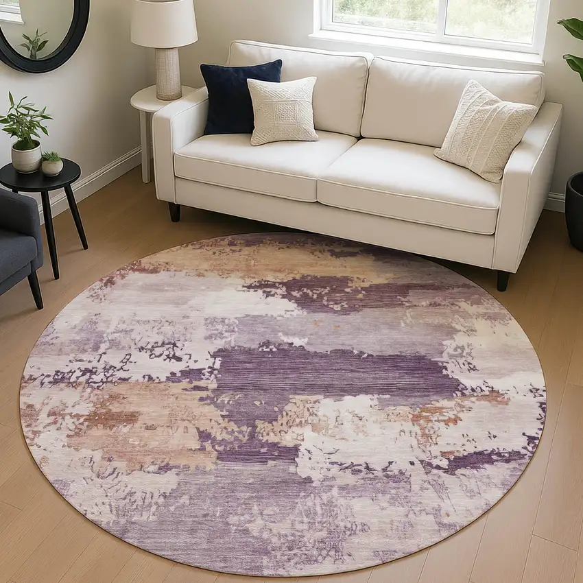8' Eggplant And Beige Round Abstract Washable Indoor Outdoor Area Rug Photo 5