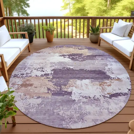 8' Eggplant And Beige Round Abstract Washable Indoor Outdoor Area Rug Photo 4