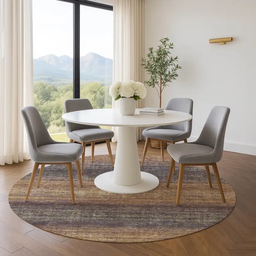 8' Eggplant And Brown Geometric Washable Round Rug With UV Protection Photo 5