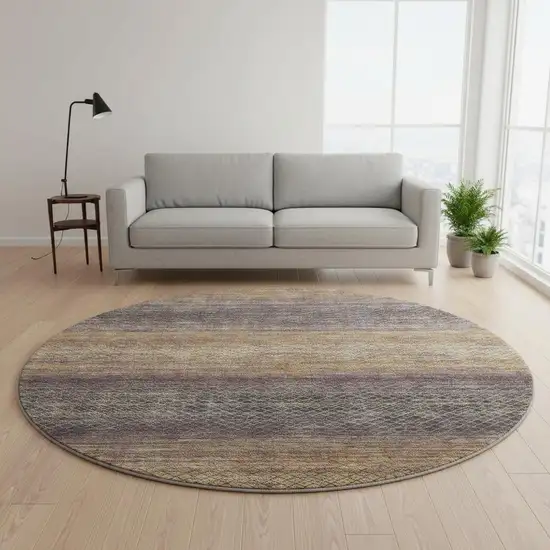 8' Eggplant And Brown Geometric Washable Round Rug With UV Protection Photo 2