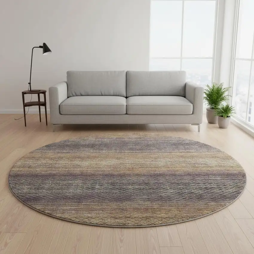 8' Eggplant And Brown Geometric Washable Round Rug With UV Protection Photo 2