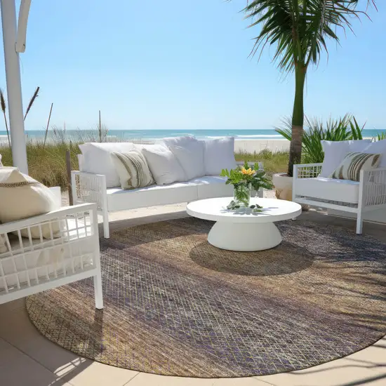 8' Eggplant And Brown Round Geometric Washable Indoor Outdoor Area Rug Photo 5