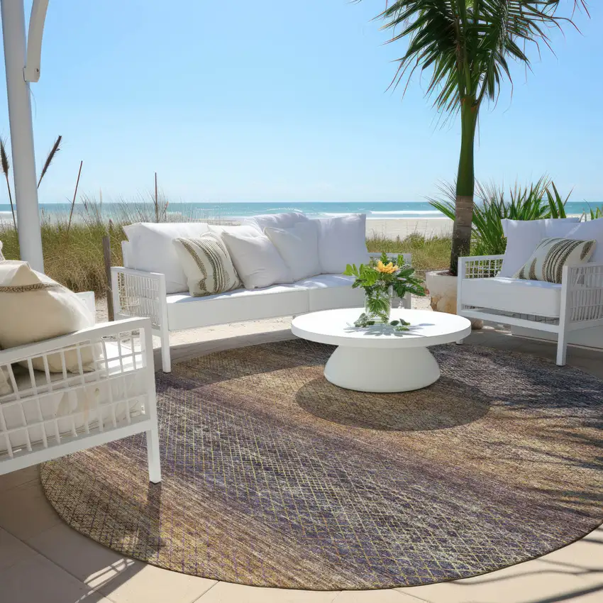 8' Eggplant And Brown Round Geometric Washable Indoor Outdoor Area Rug Photo 5