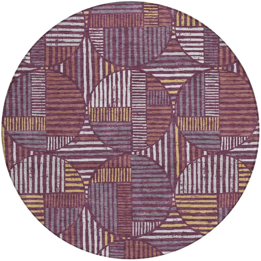 8' Eggplant And Brown Round Geometric Washable Indoor Outdoor Area Rug Photo 2