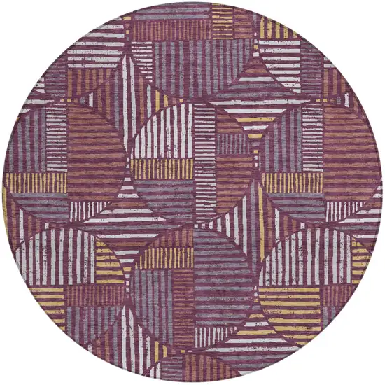 8' Eggplant And Brown Round Geometric Washable Indoor Outdoor Area Rug Photo 2