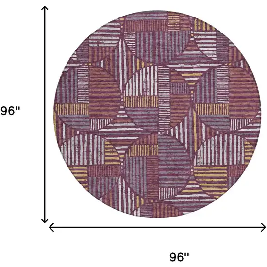 8' Eggplant And Brown Round Geometric Washable Indoor Outdoor Area Rug Photo 7