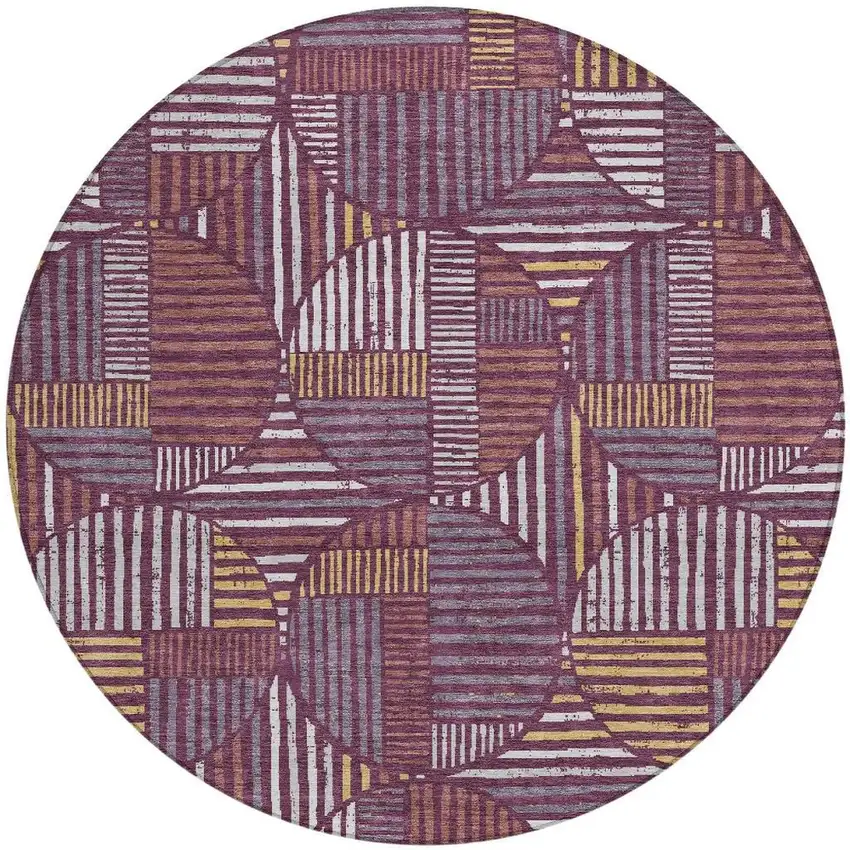 8' Eggplant And Brown Round Geometric Washable Indoor Outdoor Area Rug Photo 3