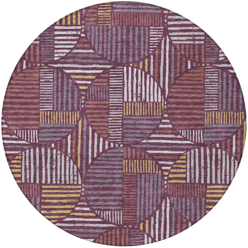 8' Eggplant And Brown Round Geometric Washable Indoor Outdoor Area Rug Photo 4