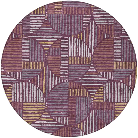 8' Eggplant And Brown Round Geometric Washable Indoor Outdoor Area Rug Photo 4