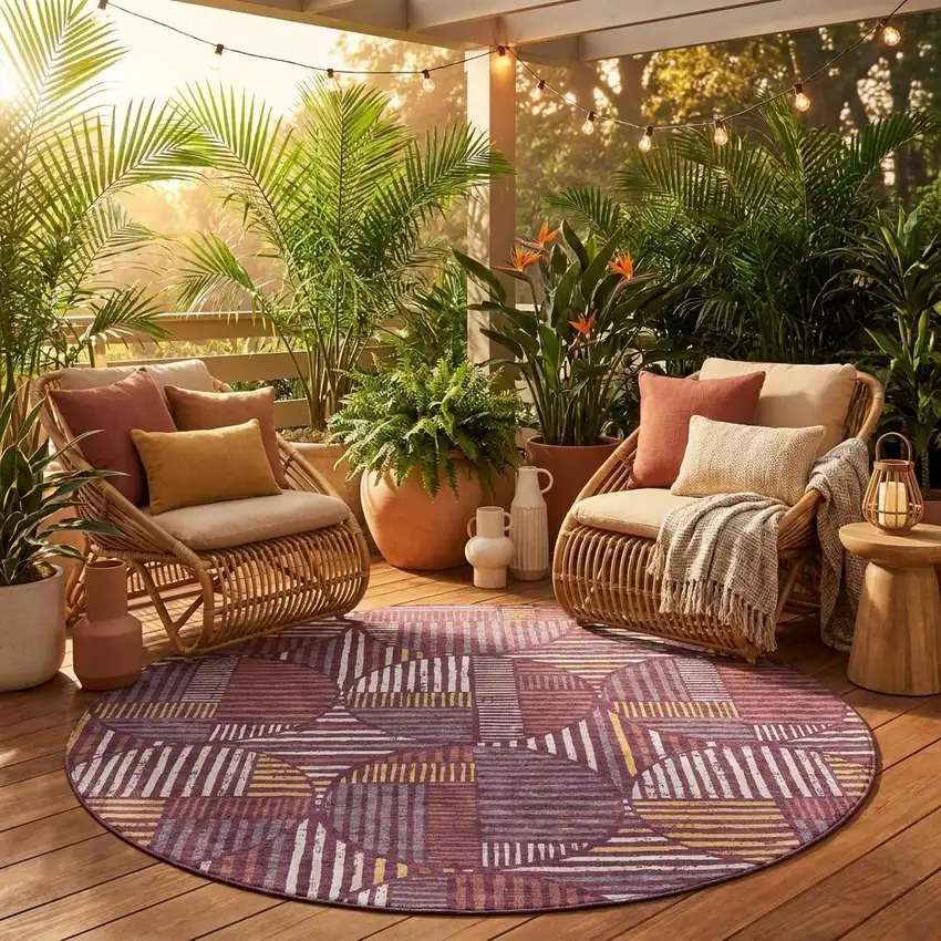 8' Eggplant And Brown Round Geometric Washable Indoor Outdoor Area Rug Photo 1