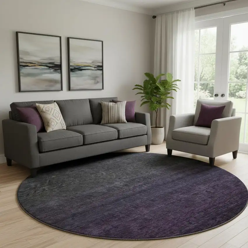 8' Eggplant And Charcoal Ombre Washable Round Rug With UV Protection Photo 1
