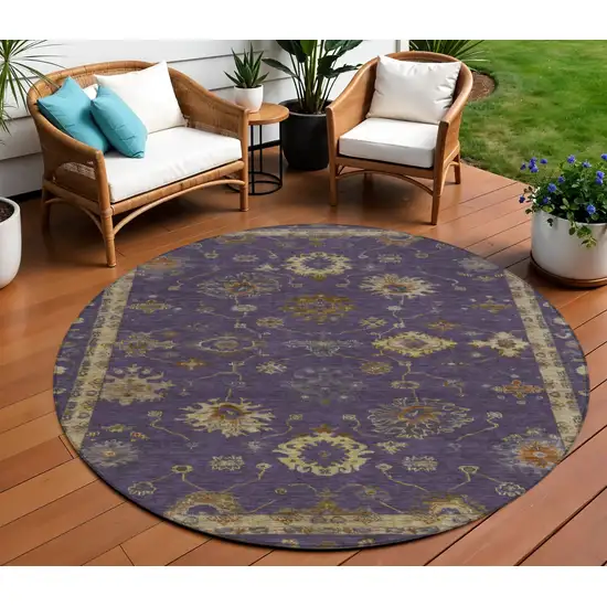 8' Eggplant And Gold Round Floral Washable Indoor Outdoor Area Rug Photo 2