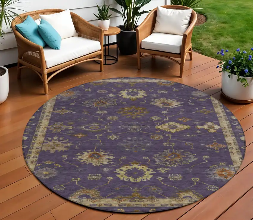 8' Eggplant And Gold Round Floral Washable Indoor Outdoor Area Rug Photo 2