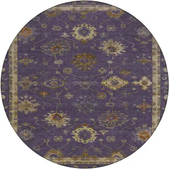 8' Eggplant And Gold Round Floral Washable Indoor Outdoor Area Rug Photo 1