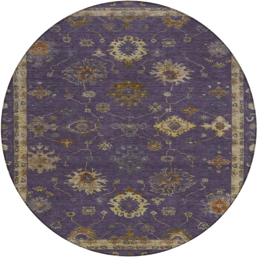 8' Eggplant And Gold Round Floral Washable Indoor Outdoor Area Rug Photo 1