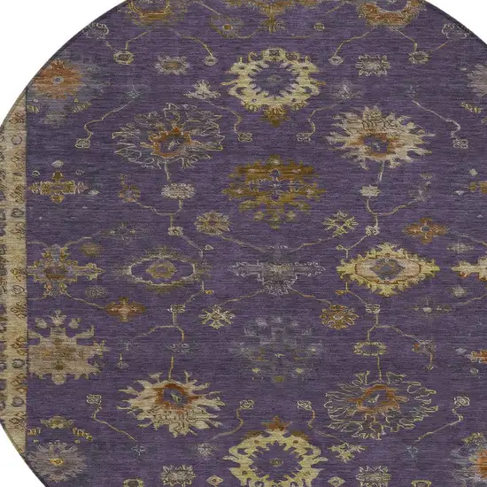 8' Eggplant And Gold Round Floral Washable Indoor Outdoor Area Rug Photo 4