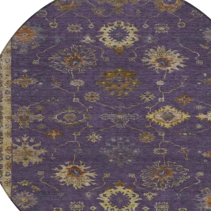 8' Eggplant And Gold Round Floral Washable Indoor Outdoor Area Rug Photo 4