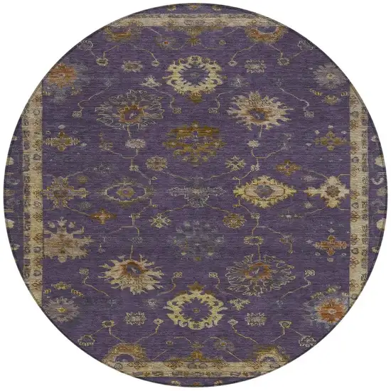 8' Eggplant And Gold Round Floral Washable Indoor Outdoor Area Rug Photo 3