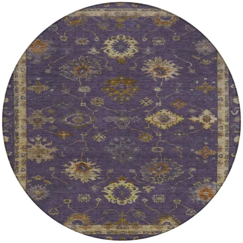 8' Eggplant And Gold Round Floral Washable Indoor Outdoor Area Rug Photo 3